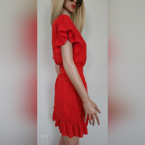 ETOPHE STUDIOS RED ORANGE FAUX WRAP SHOR FRILLS WAIST TIE DRESS LARGE - Picture 9 of 13